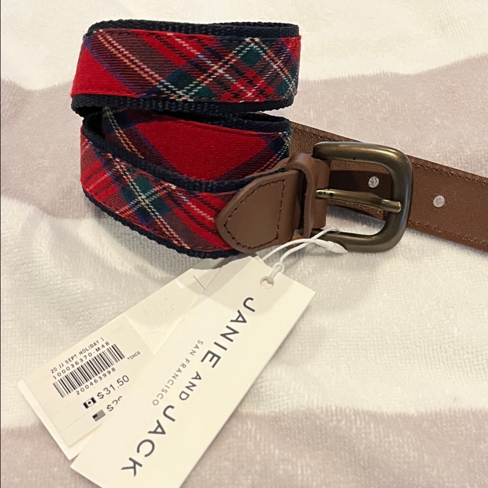 Janie and Jack Red Plaid Fabric Belt with Brown Leather Accents